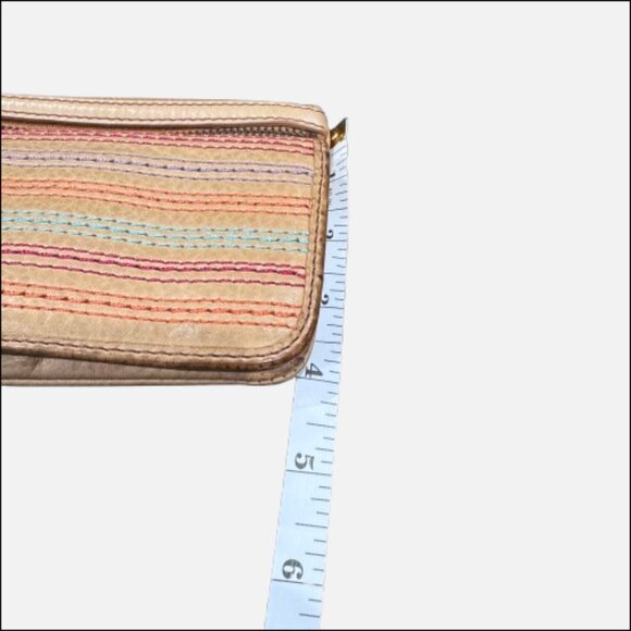 🗝Fossil Explorer Tan Leather Front Colored Stitch Accent Clutch Wallet YKK Zips - Picture 3 of 14